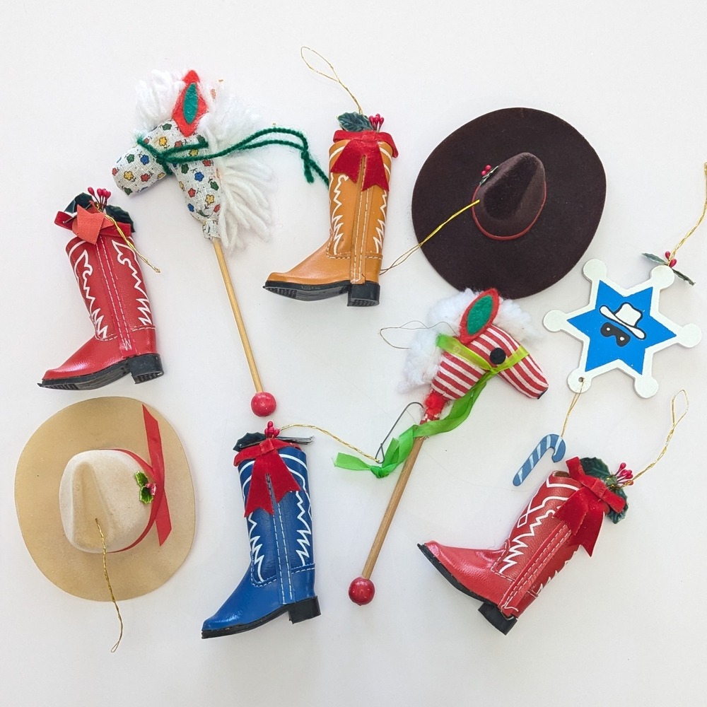 Vintage Western Cowboy Christmas Ornament Lot Hats, Boots, Stick Horses Taiwan